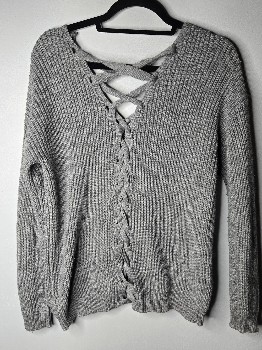 SO Women’s Large Gray Open Knit Sweater Lace Up Back Long Sleeve Pullover